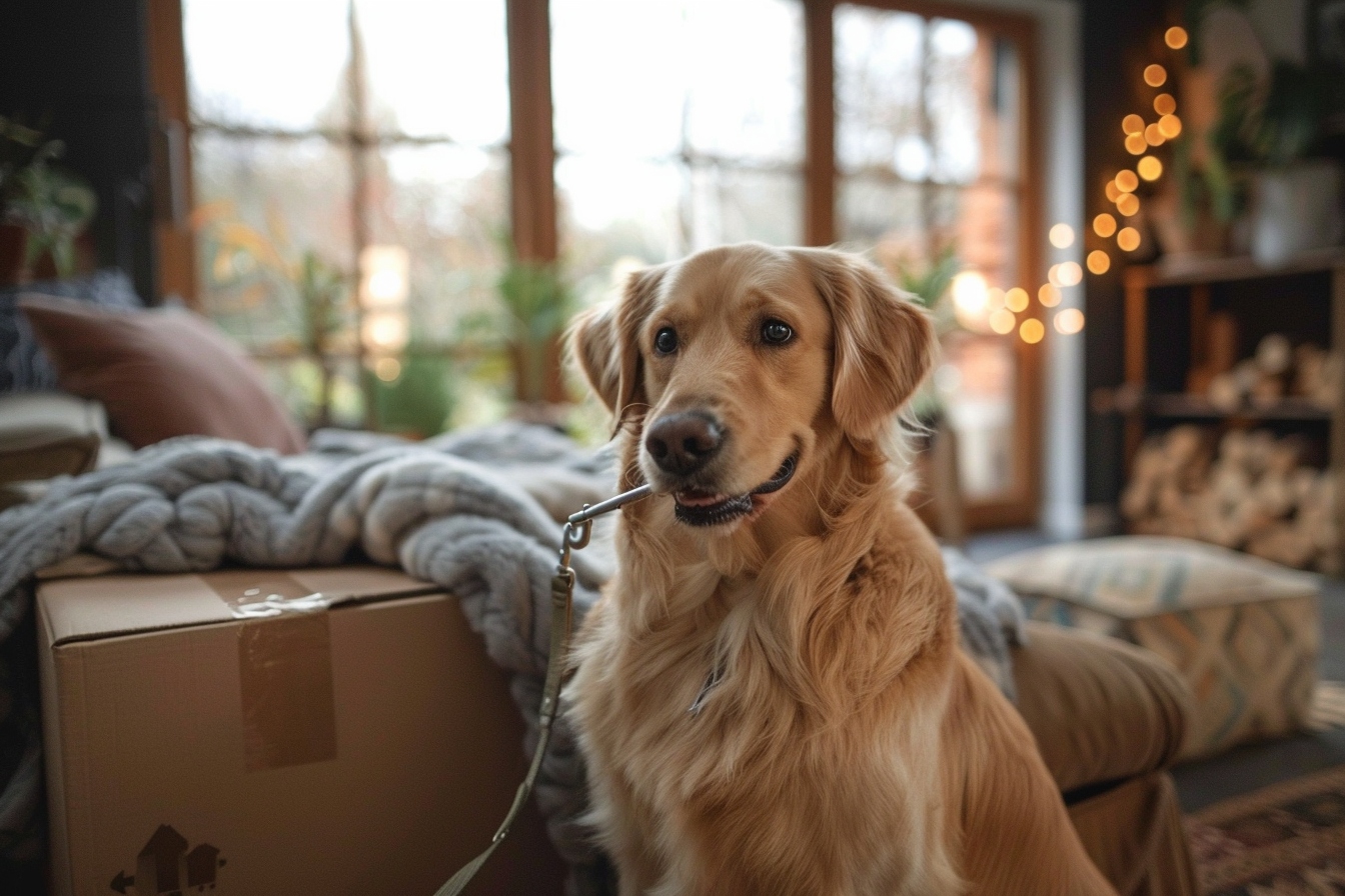 Vieux chien heureux explorant son nouveau foyer à NIORT pendant un déménagement serein